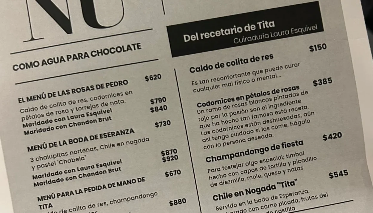 De la novela a la mesa: el menú de “Como agua para chocolate” en Angelopolitano