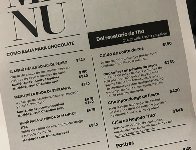 De la novela a la mesa: el menú de “Como agua para chocolate” en Angelopolitano